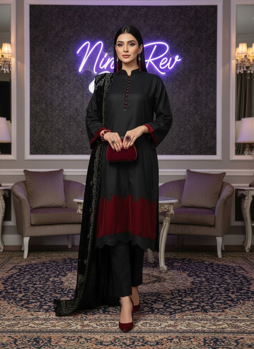 Kamli Black Ready to Wear 3 Pcs Dress With Velvet Shawl