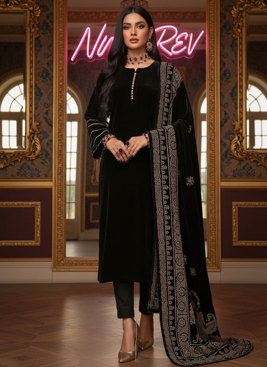 Gulnaz Black Velvet Ready to Wear 3 Pcs Dress