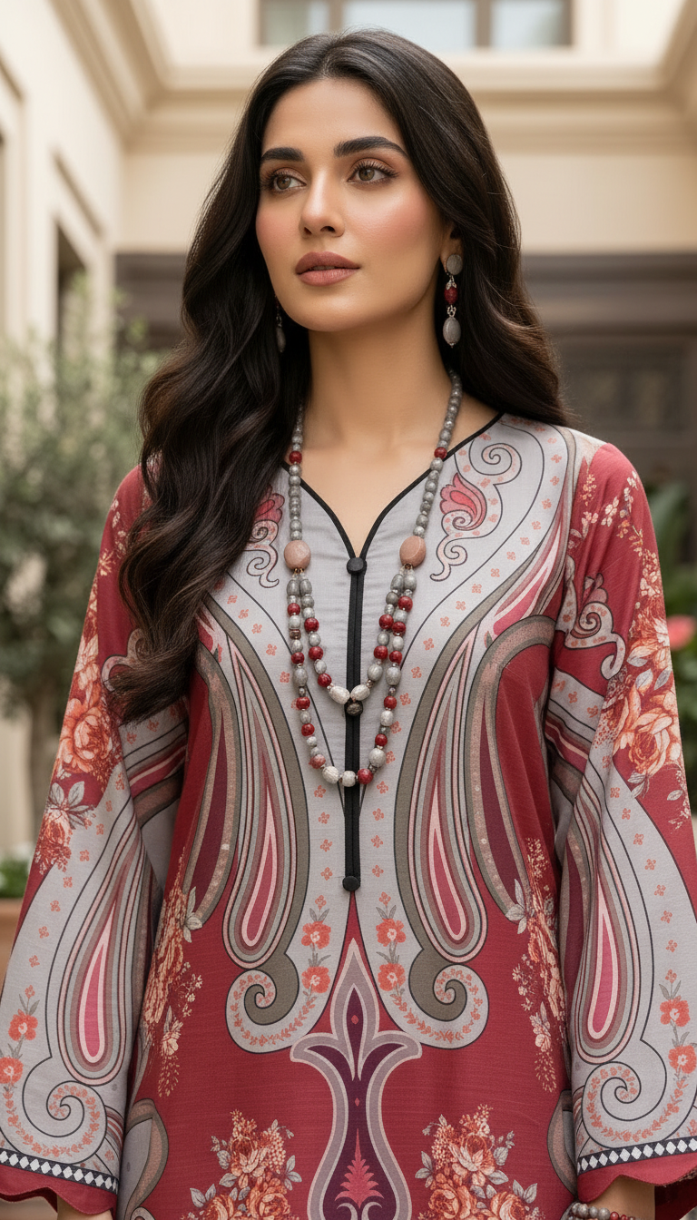 Grey Red Ready to Wear 2 Pcs Linen Kaftan