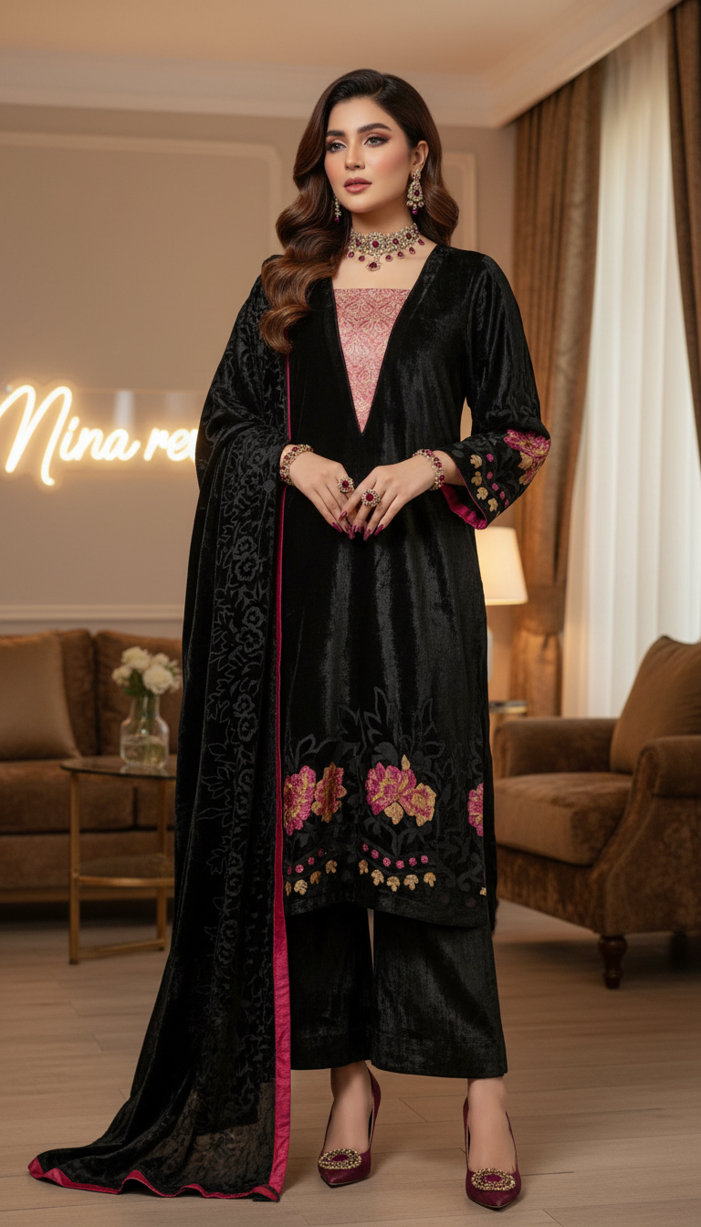 Lilly Black French Velvet 3 Pcs Dress with Velvet Shawl