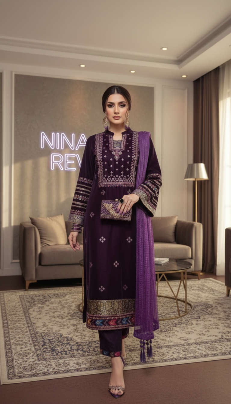 Bohemia burgundy Velvet Embroidered 3 Pcs Dress