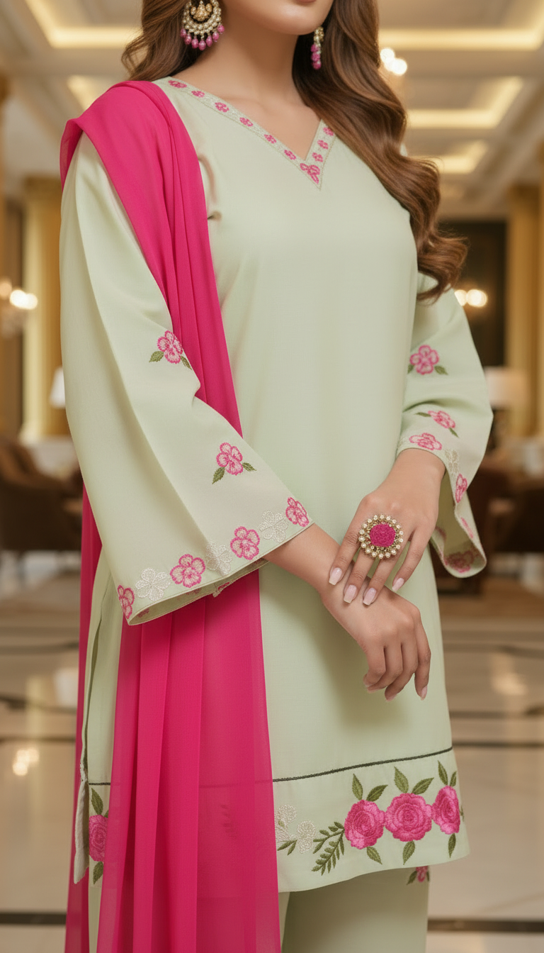 Maham Pistachio Ready to Wear 3 Pcs Embroidered Dress