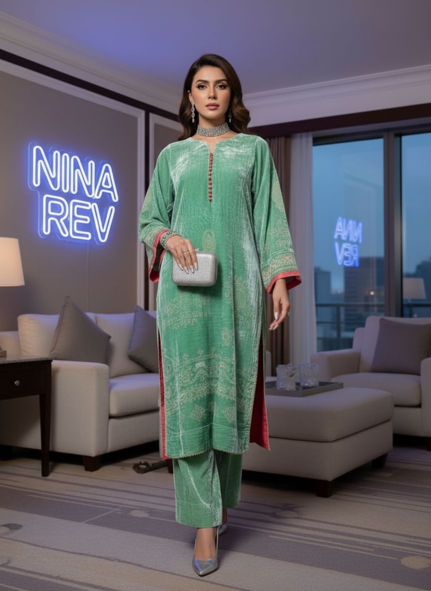 Pistachio French Velvet 2 Pcs Dress with Palachi Work