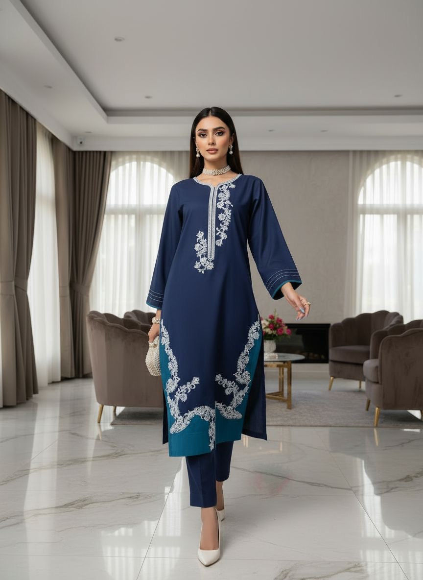 Romana Teal Ready to Wear 2 Pcs Embroidered Dress