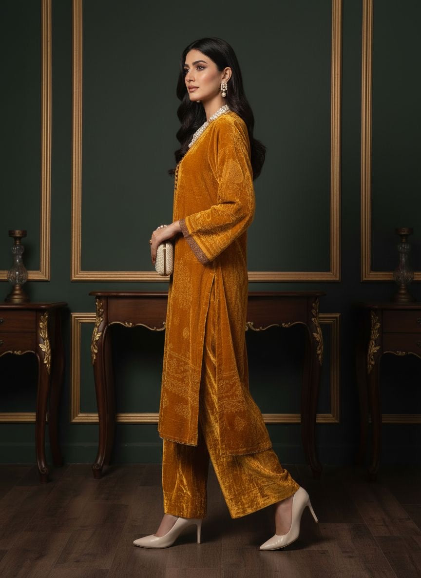 Jaune French Velvet 2 Pcs Dress with Palachi work