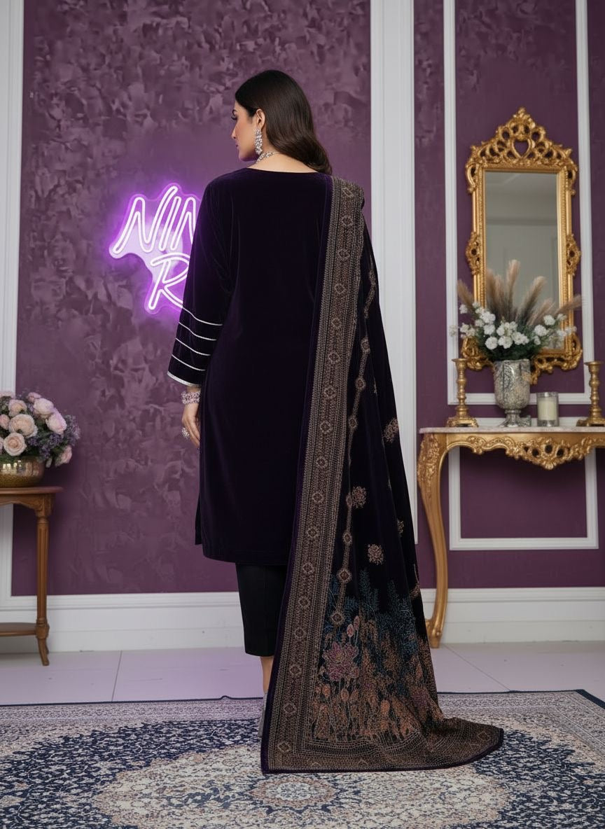 Umsha Purple Velvet  Ready to Wear 3 Pcs Dress with Velvet Shawl