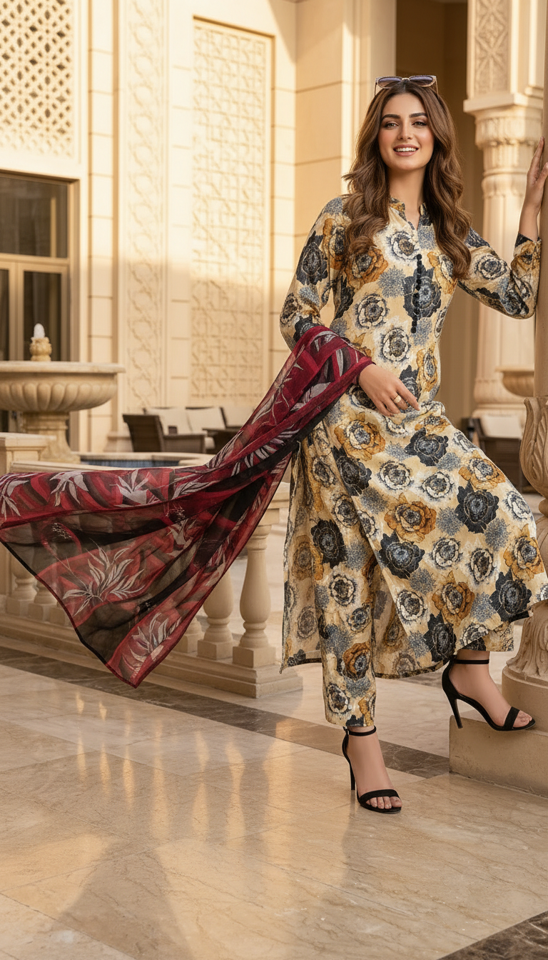 Azma Ready to Wear 3 Pcs Linen Dress with Chiffon dopatta