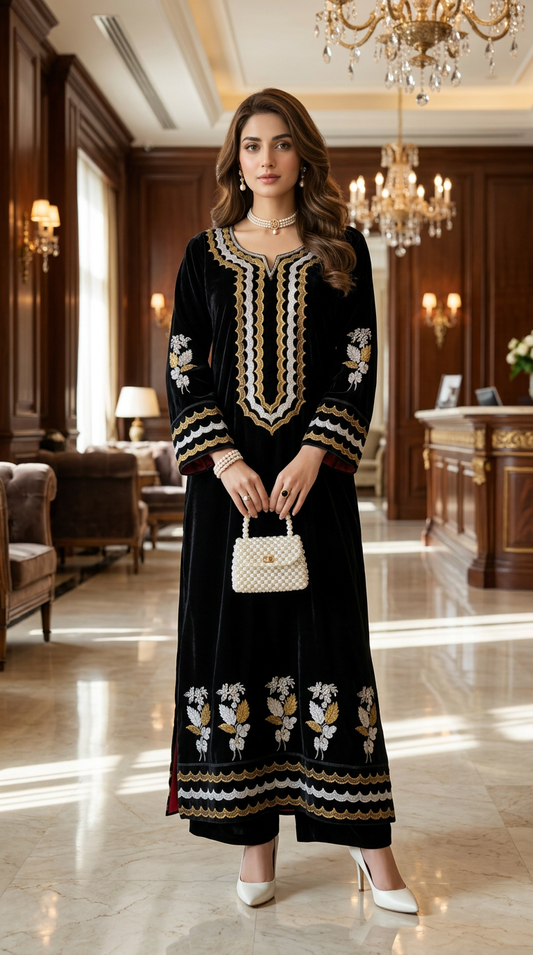 Ajea Velvet Ready to Wear 2 PCS Embroidered Dress