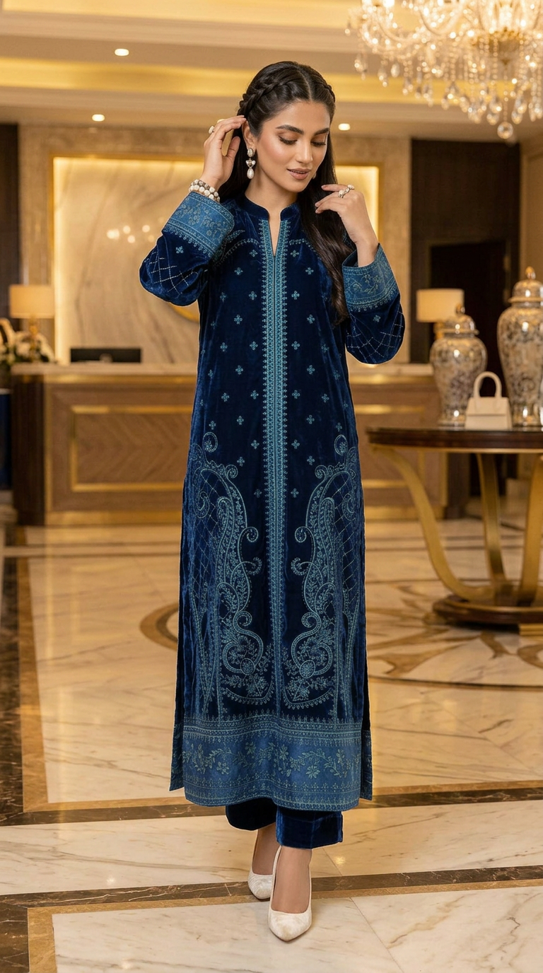 Lazen Navy Velvet Embroidered 2 Pcs Dress