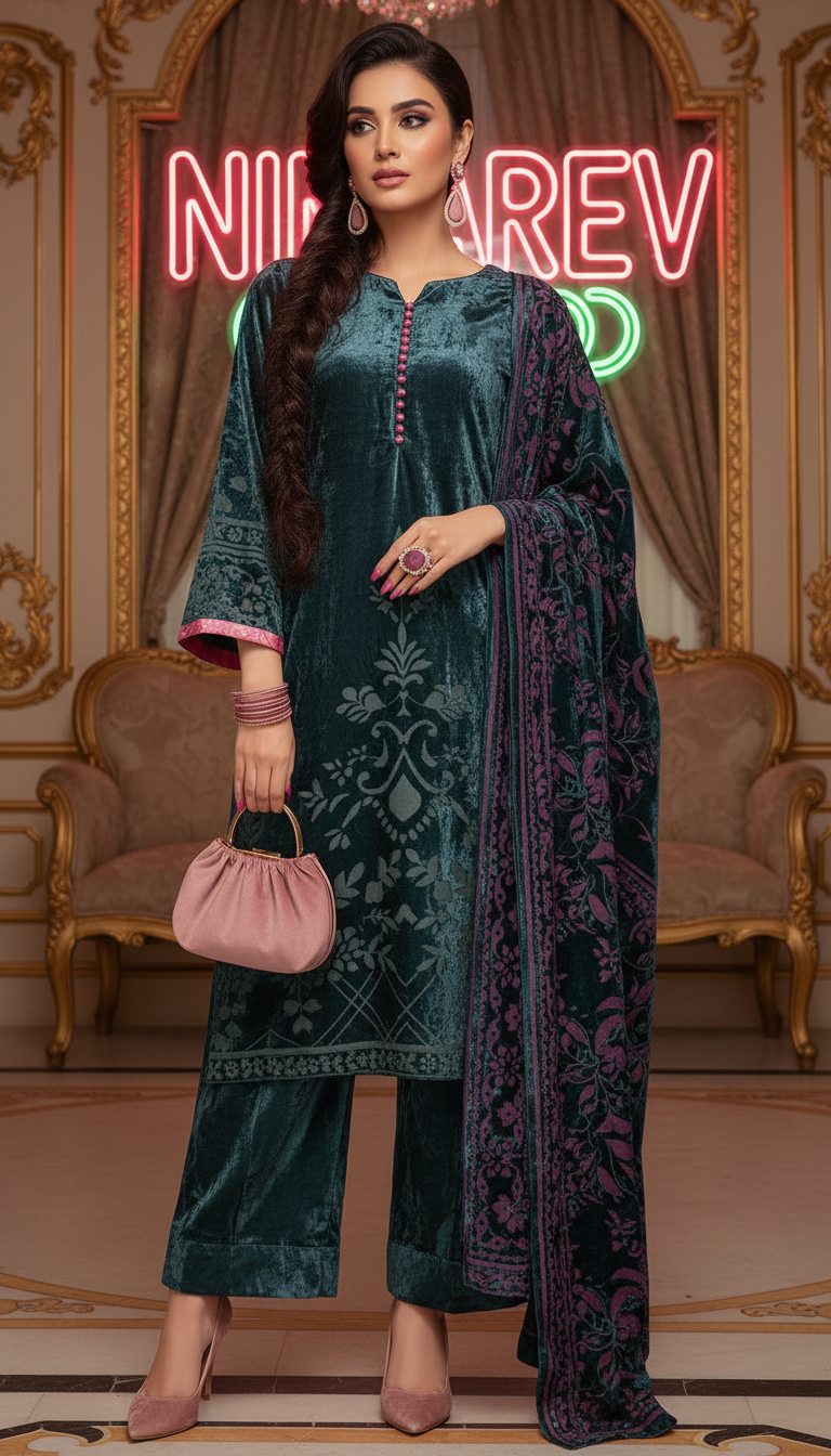 Dina French Velvet Grey Ready to Wear Dress with Palachi Shawl