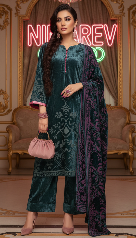 Dina French Velvet Grey Ready to Wear Dress with Palachi Shawl