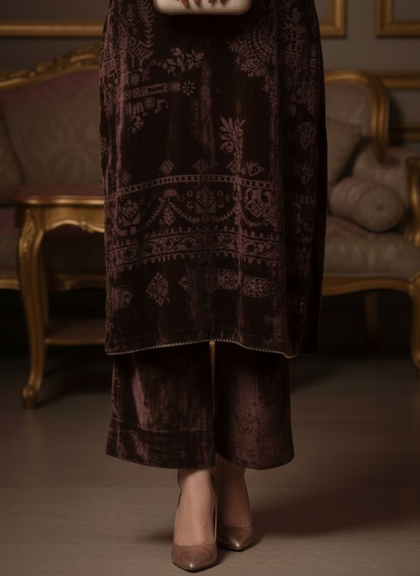 Reema Brown French Velvet 2 Pcs Dress with Palachi work