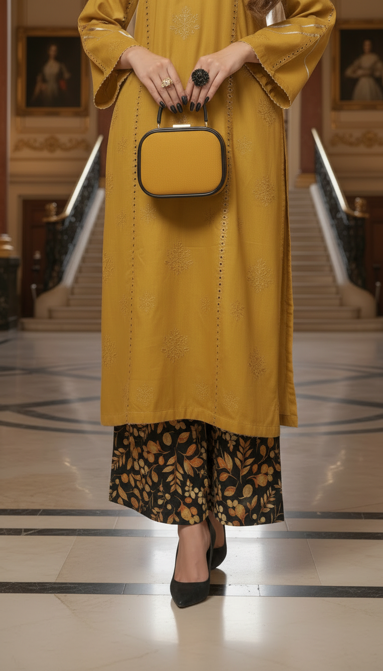 Simi Mustard Chikankari Ready to Wear 2 Pcs Dress