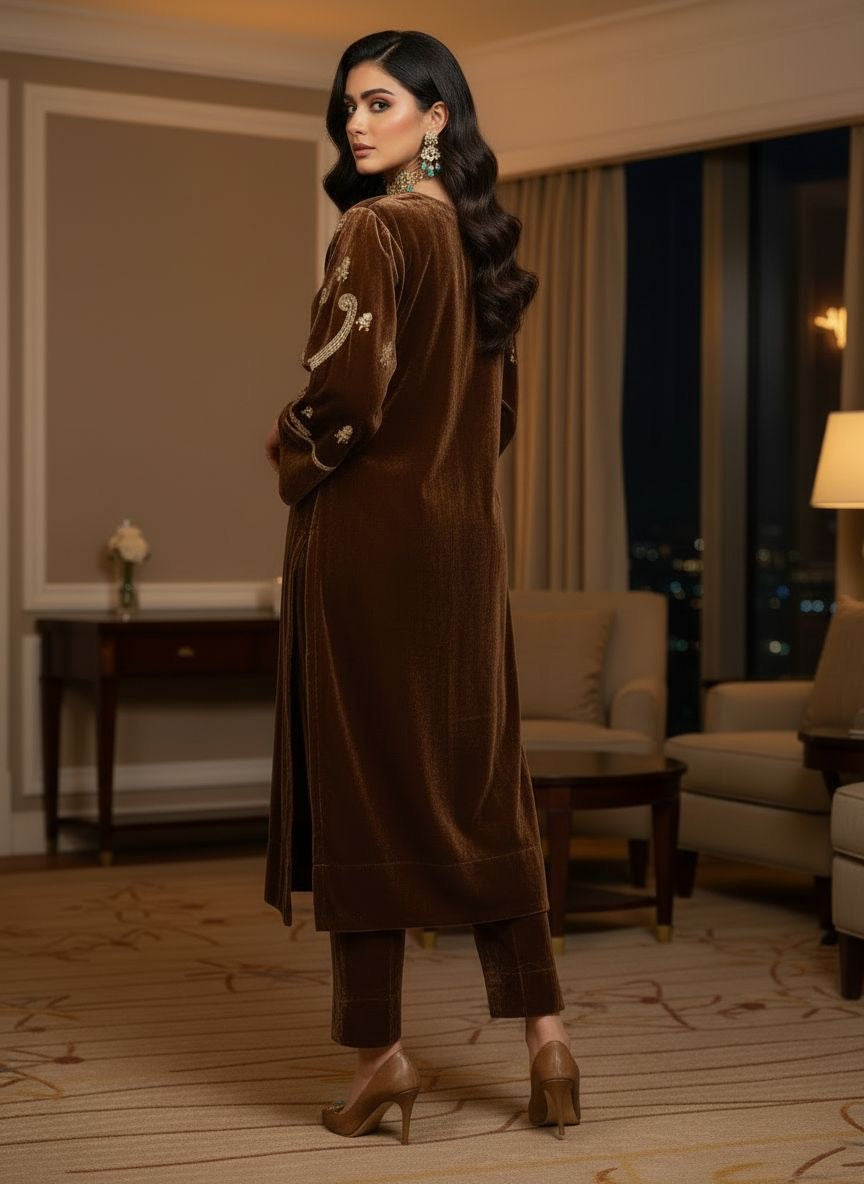 Nurbano Brown Velvet Embroidered 2 Pcs Dress