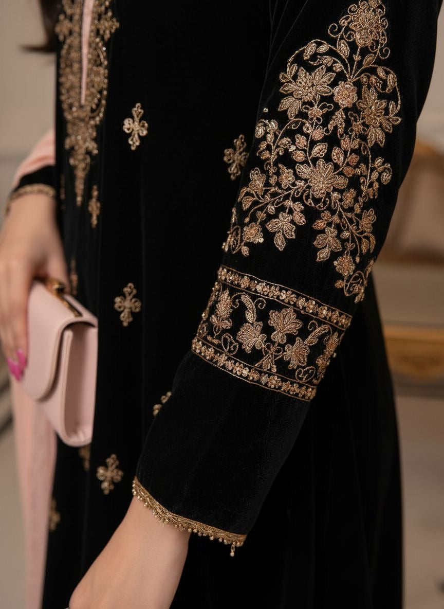 Qalamkar 3 Pcs Ready to Wear Velvet Dress with Palachi Shawl