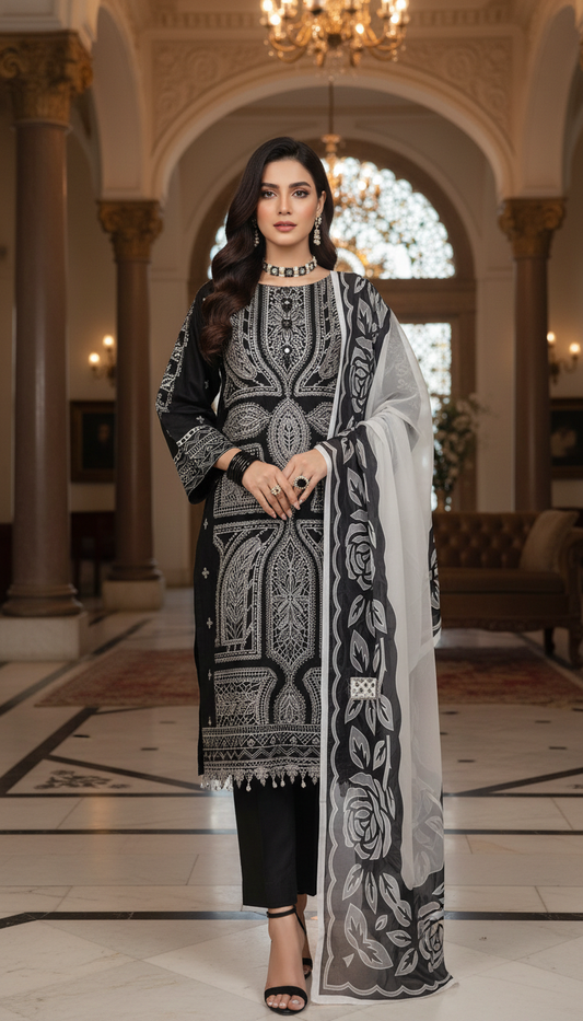 Black Purity Ready to Wear 3 Pcs Embroidered Dress