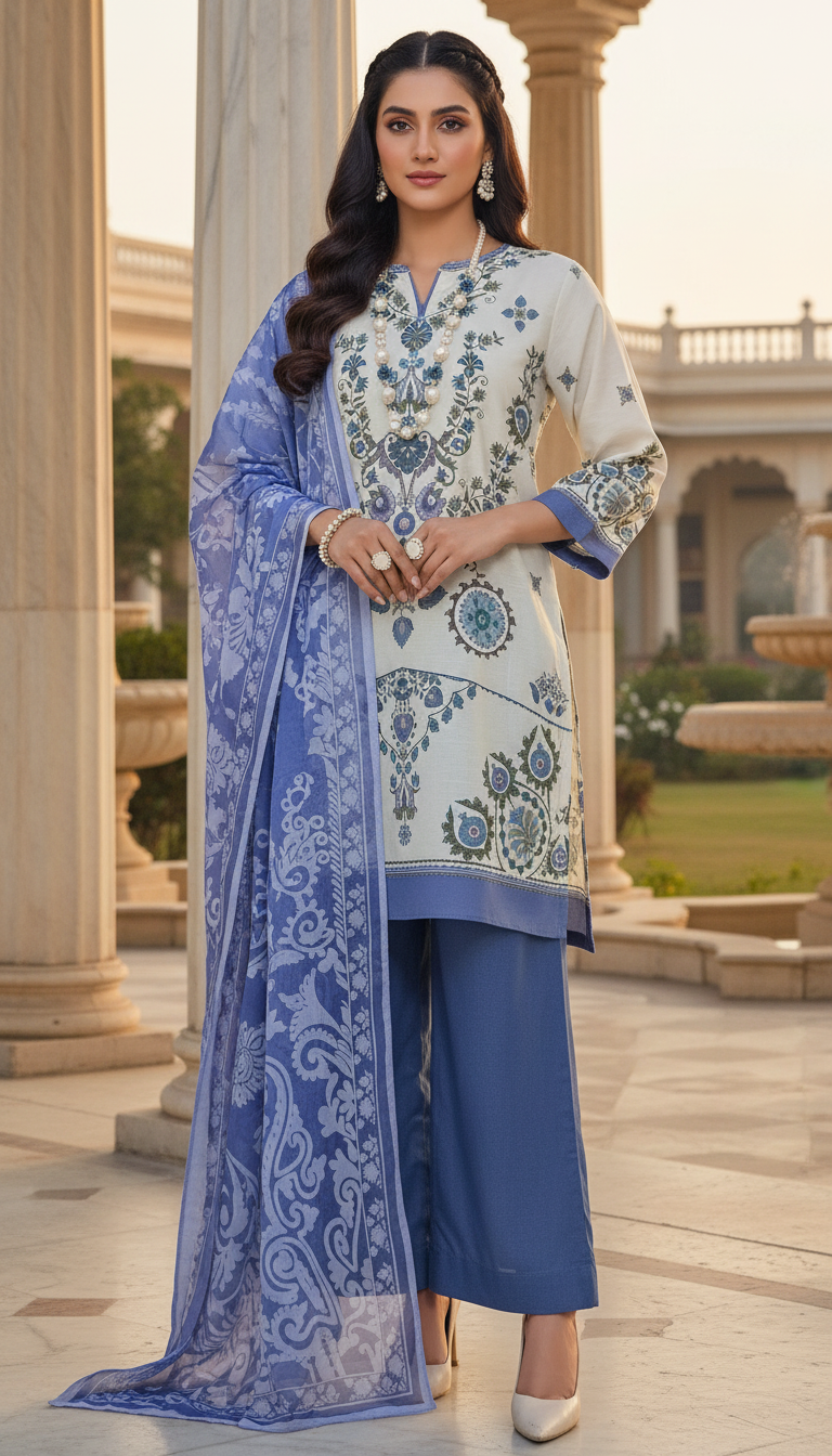 Cream Pearl Ready to Wear 3 Pcs Lawn Dress