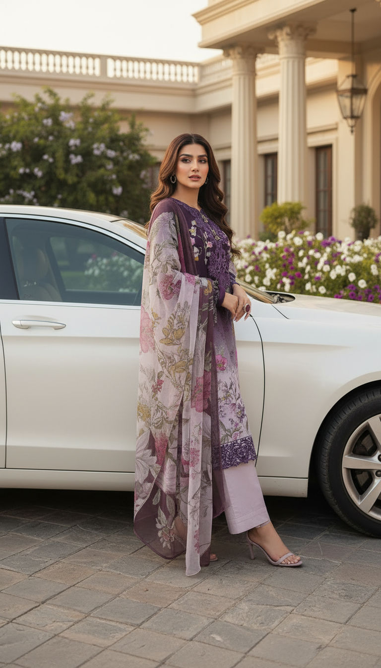 Lavvy Purple Embroidered Lawn 3 Pcs Dress