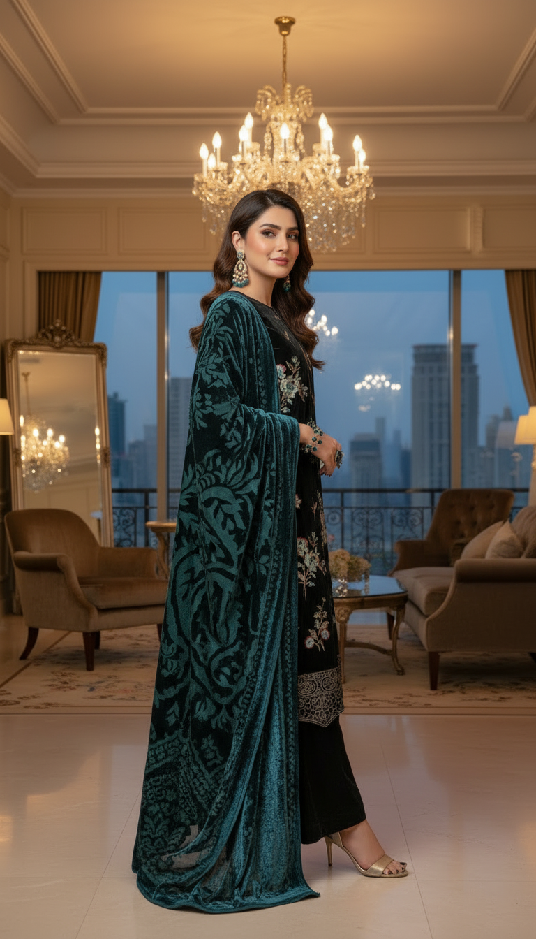Marvi Black Velvet Ready to Wear 3 Pcs Embroidered Dress
