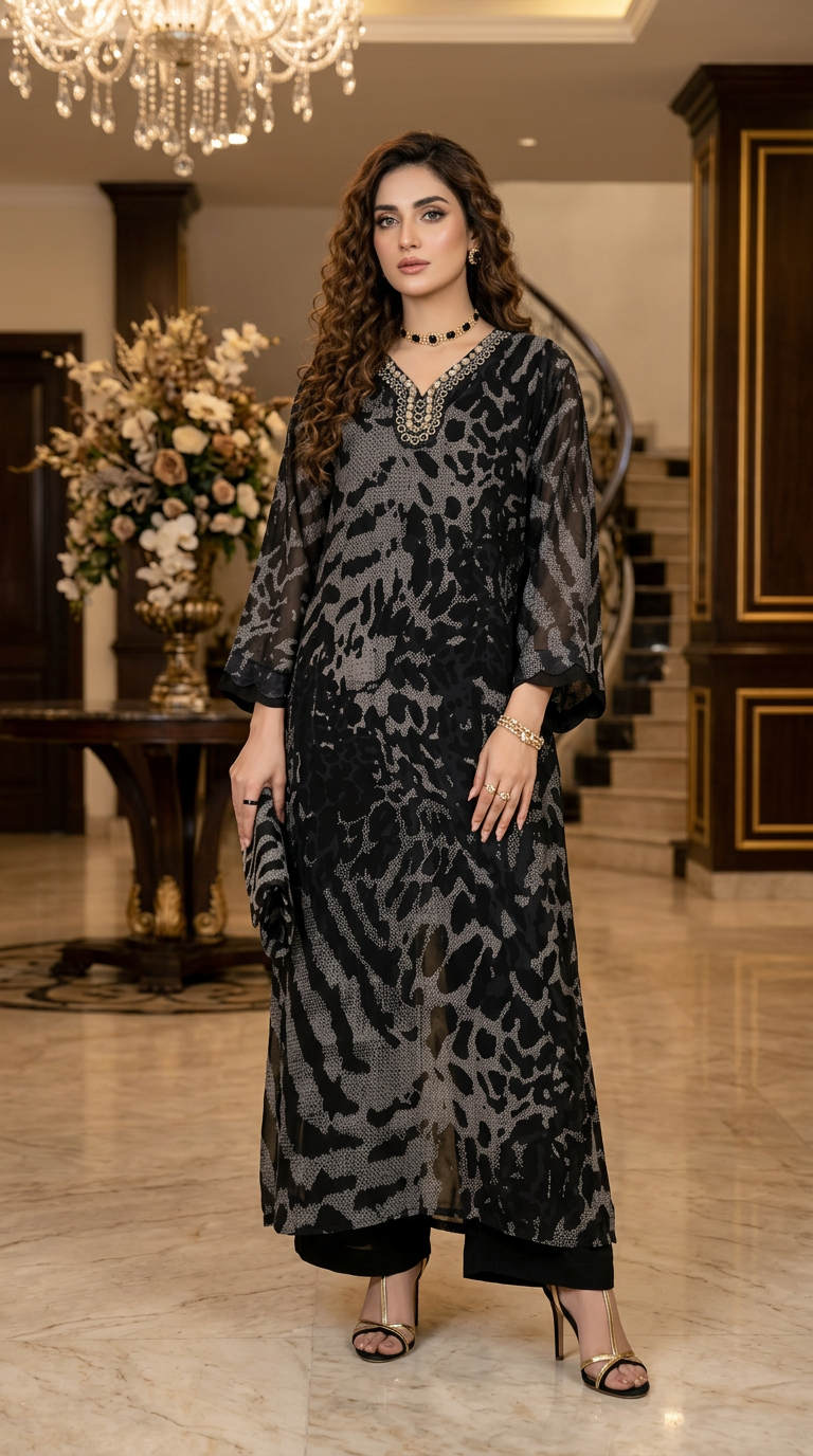 Uswa Black Lawn Ready to Wear 2 Pcs Kaftan Dress