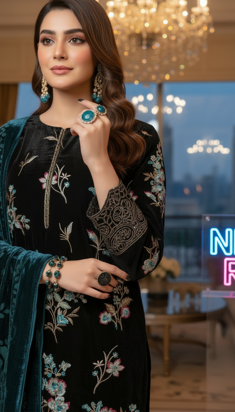 Marvi Black Velvet Ready to Wear 3 Pcs Embroidered Dress