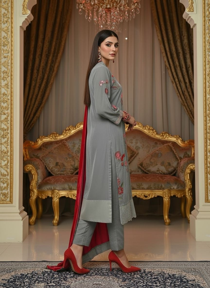Nudrat Grey Velvet Ready to Wear 3 pcs Embroidered Dress with Palachi Shawl