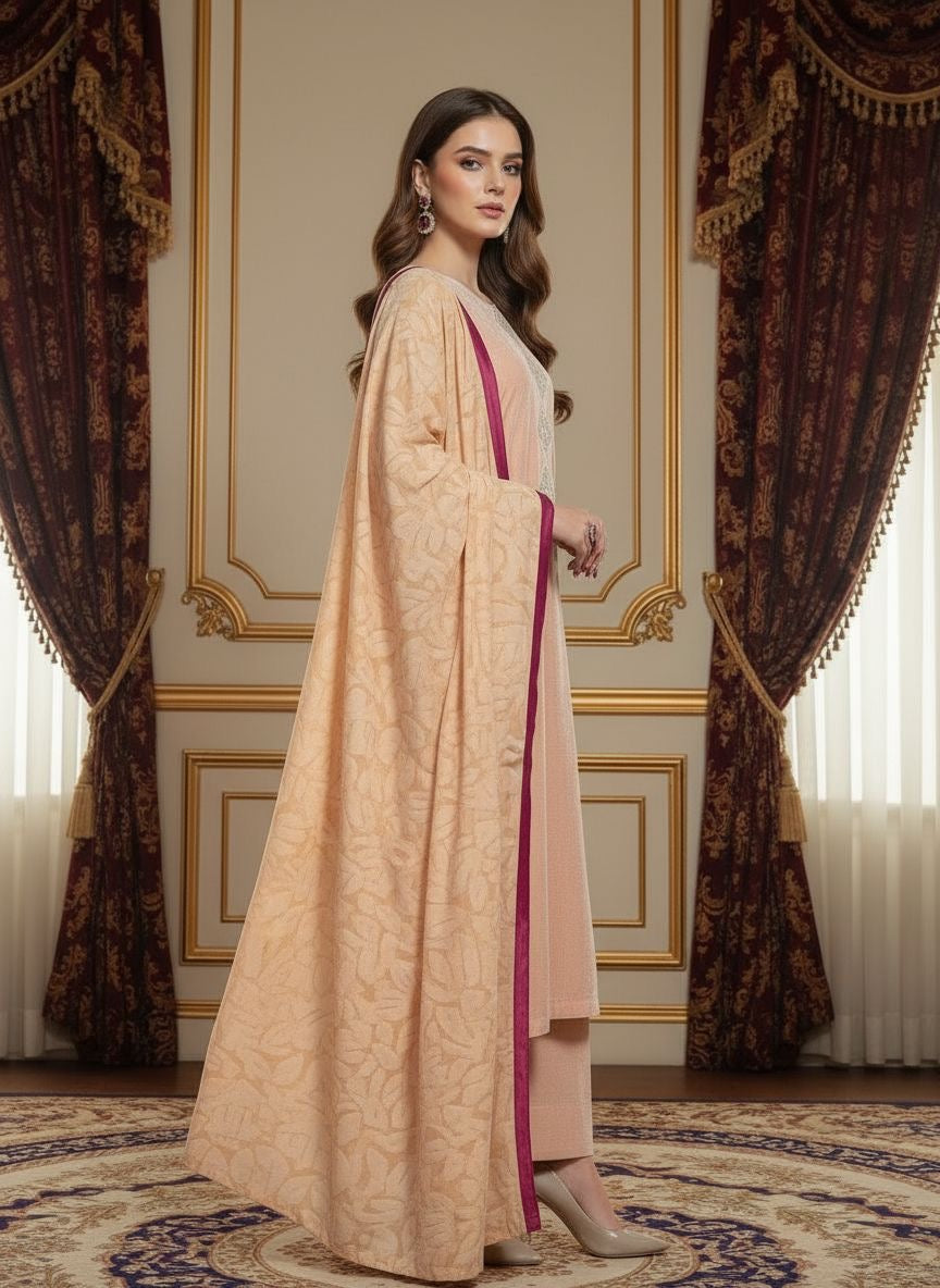 Pink Pearl Velvet 3 Pcs Embroidered Dress with Palachi Shawl