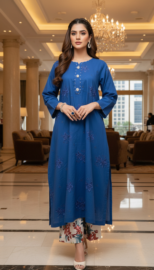 Zimir Royal Blue Chikankari Ready to Wear 2 Pcs Dress