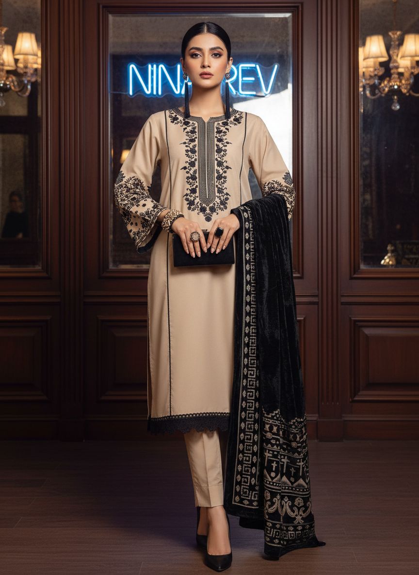 Samina Ready to Wear 3 Pcs Embroidered Dress with Palachi Shawl
