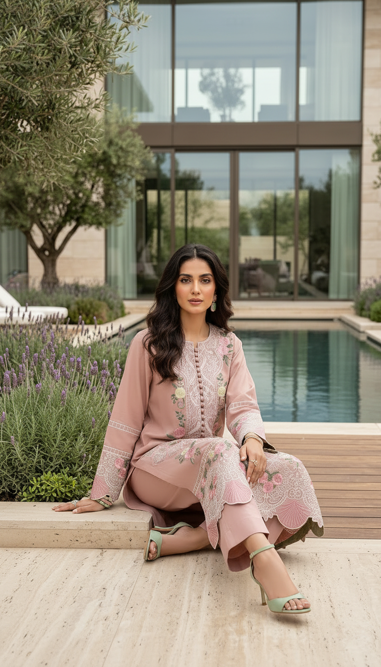 Irwa Pink Ready to Wear 2 Pcs Embroidered Dress