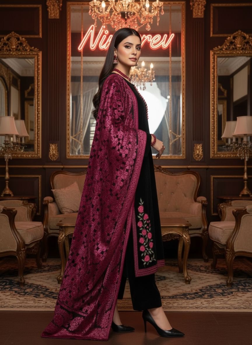 Chandan Ready to Wear 3 Pcs Velvet Embroidered dress with Palachi Shawl