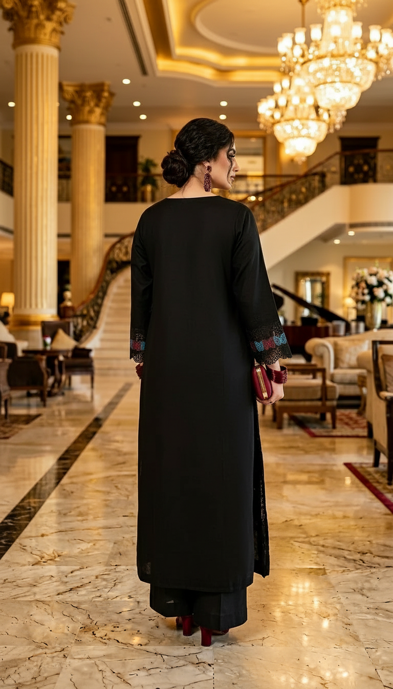 Black Butterfly Fully Embroidered 2 Pcs Kaftan Dress