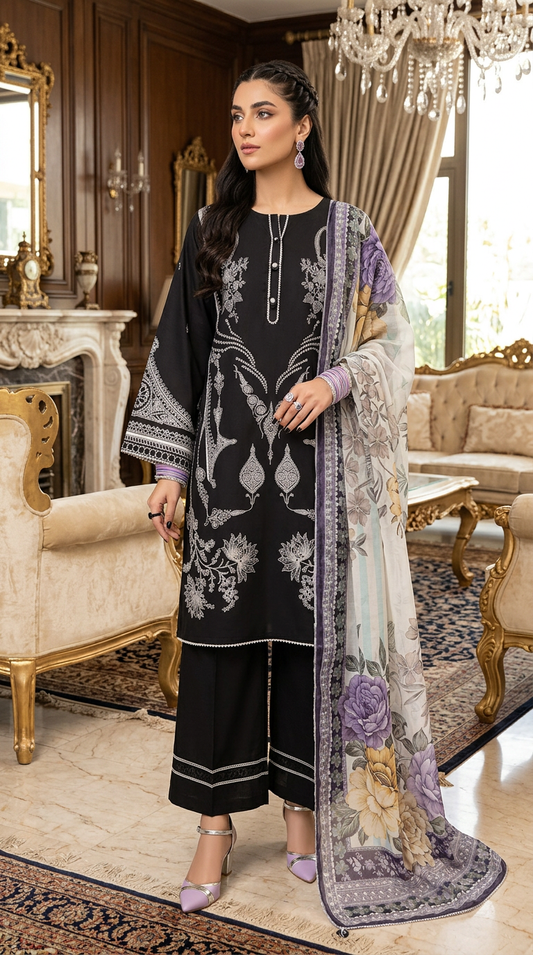 Esha Black Ready to Wear 3 Pcs Dress with Chiffon dopatta