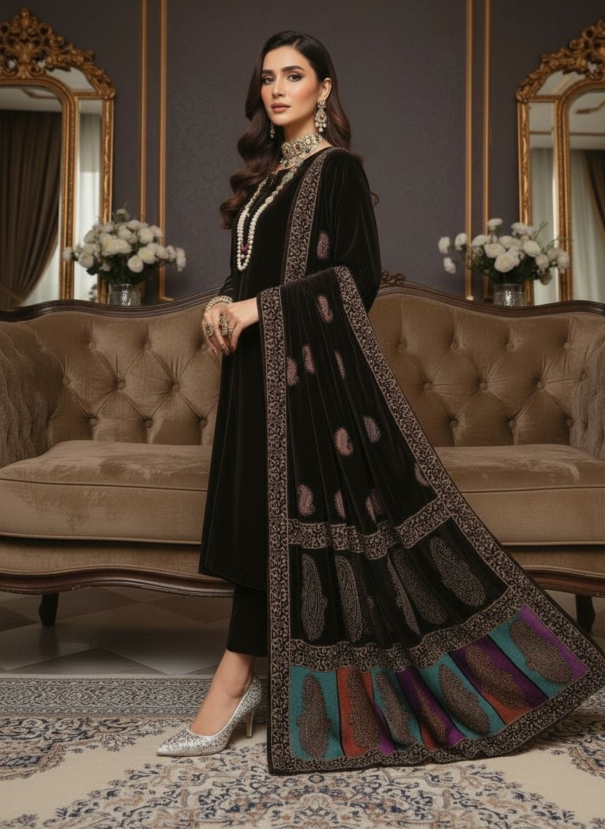 Raniyah Brown Velvet Ready to Wear 3 Pcs Dress