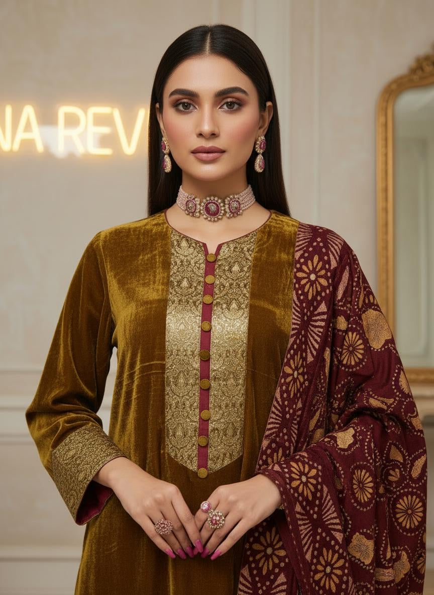 Chamki Velvet Ready to Wear 3 Pcs Dress with Palachi Shawl