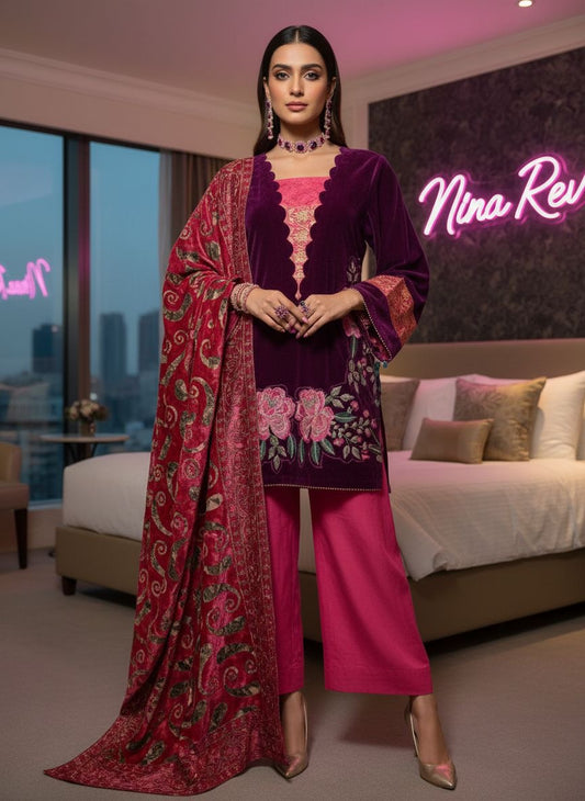 Hajra Purple Velvet Ready to Wear 3 Pcs Embroidered Dress with Palachi