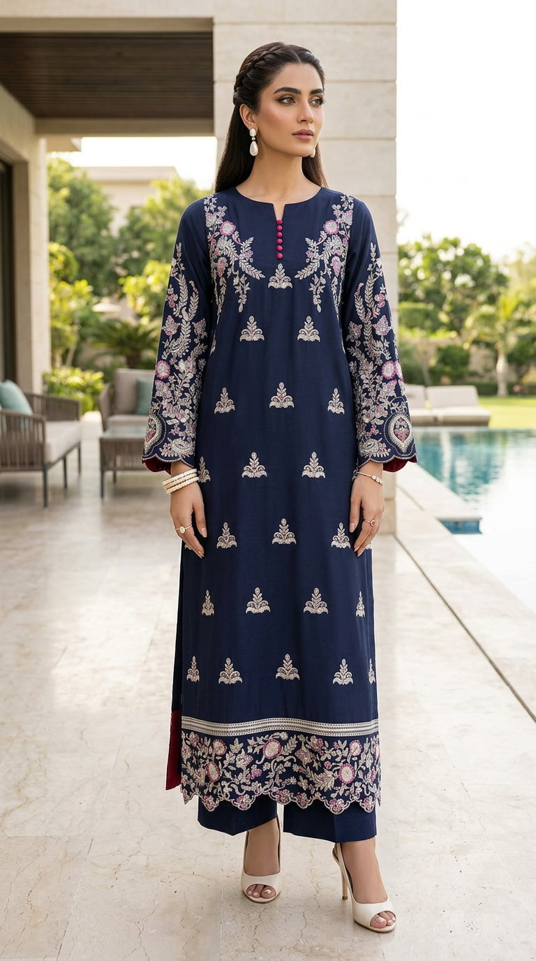 Raisa Navy Fully Embroidered 2 Pcs Dress