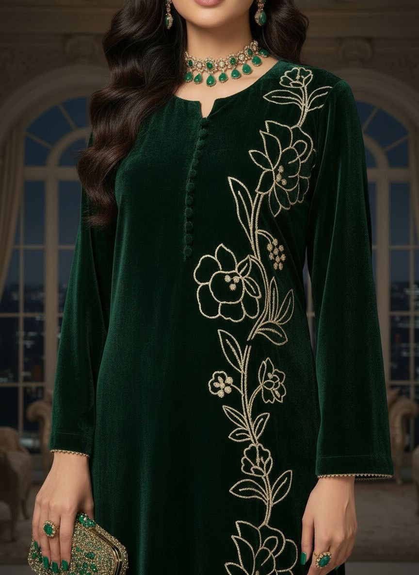 Natalia Green Velvet 2 Pcs Embroidered Dress