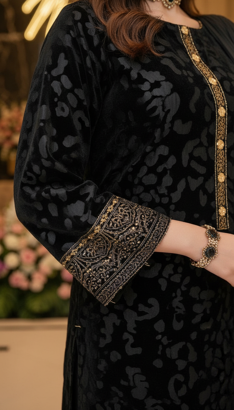 Nida Black Velvet Embroidered 3 Pcs Dress