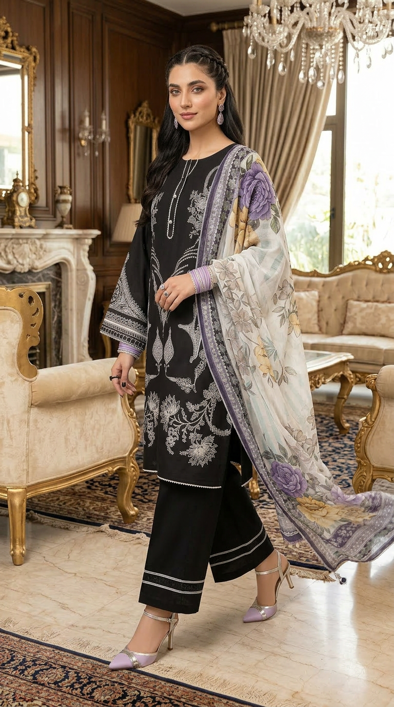 Esha Black Ready to Wear 3 Pcs Dress with Chiffon dopatta