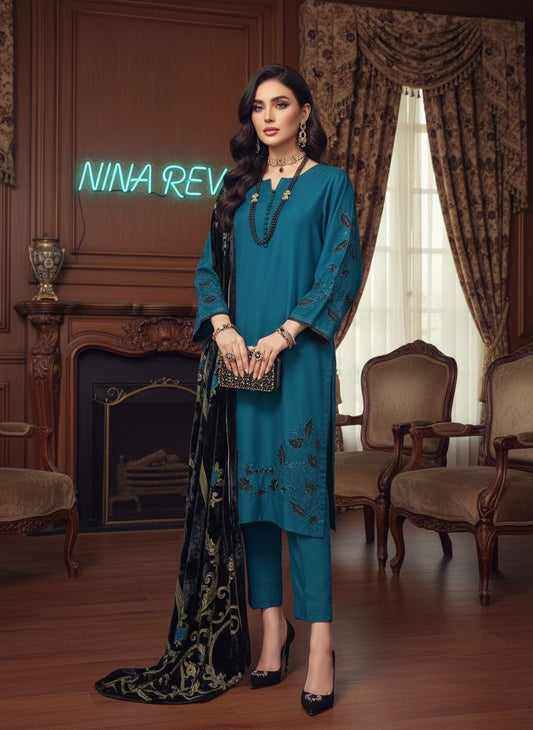 Mahira Teal Ready to Wear 3 Pcs Embroidered Dress