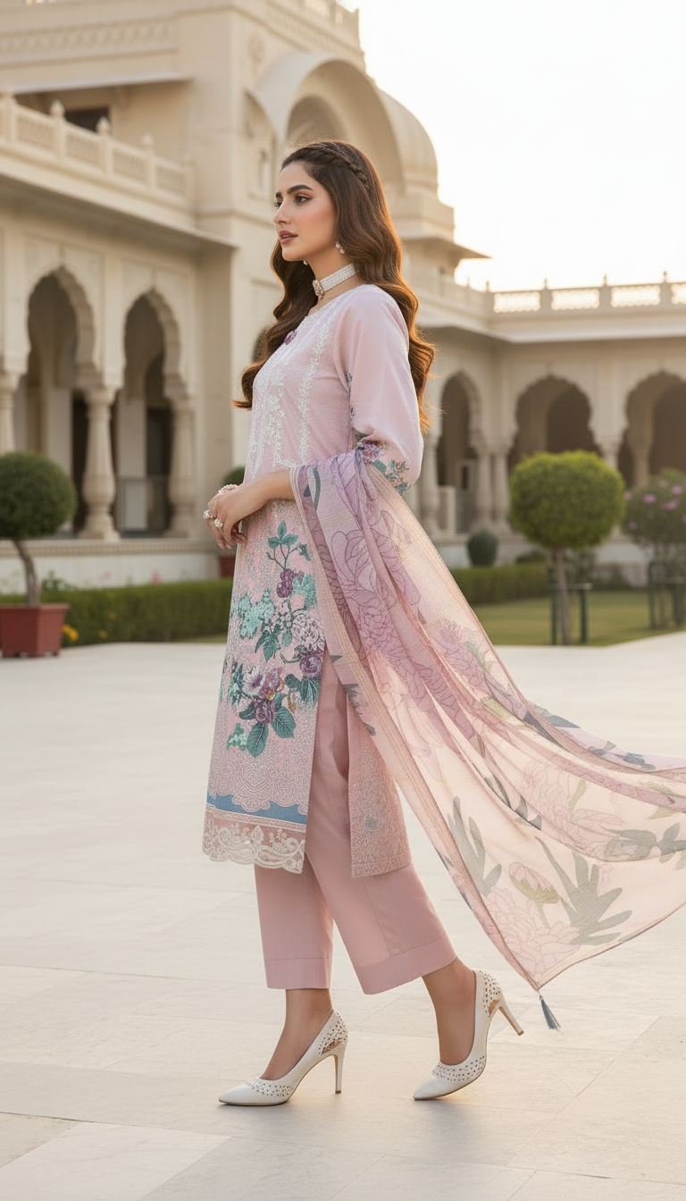 Butterfly Pink Ready to Wear 3 pcs Embroidered Dress