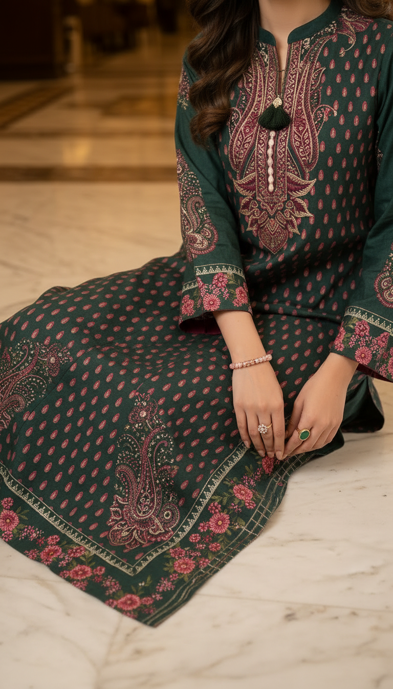 Kashaf Green Linen 2 Pcs Kaftan Dress