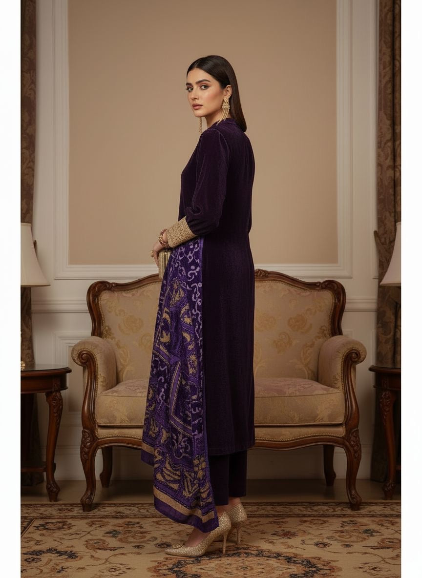 Purple Velvet De Luxe 3 Pcs Dress with Palachi shawl