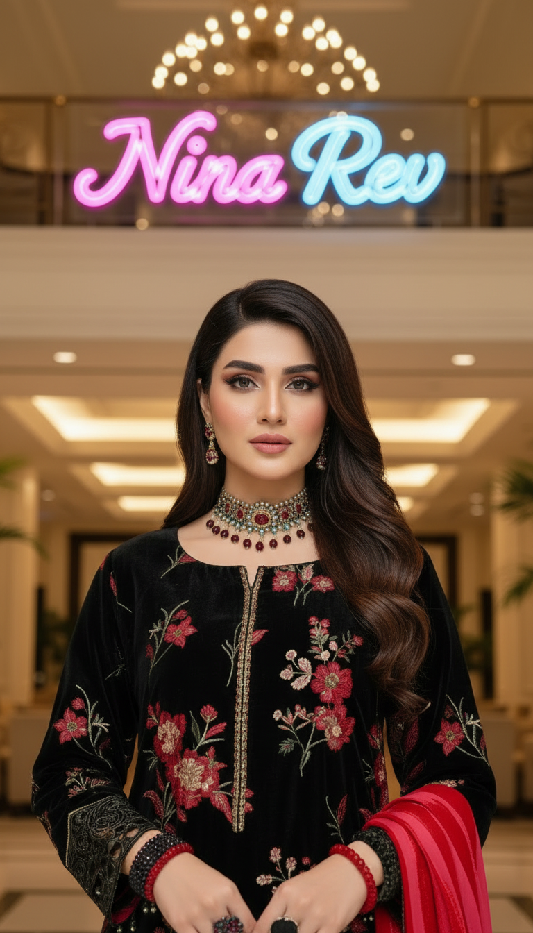 Black Shimmer Velvet Ready to Wear 3 Pcs Embroidered Dress