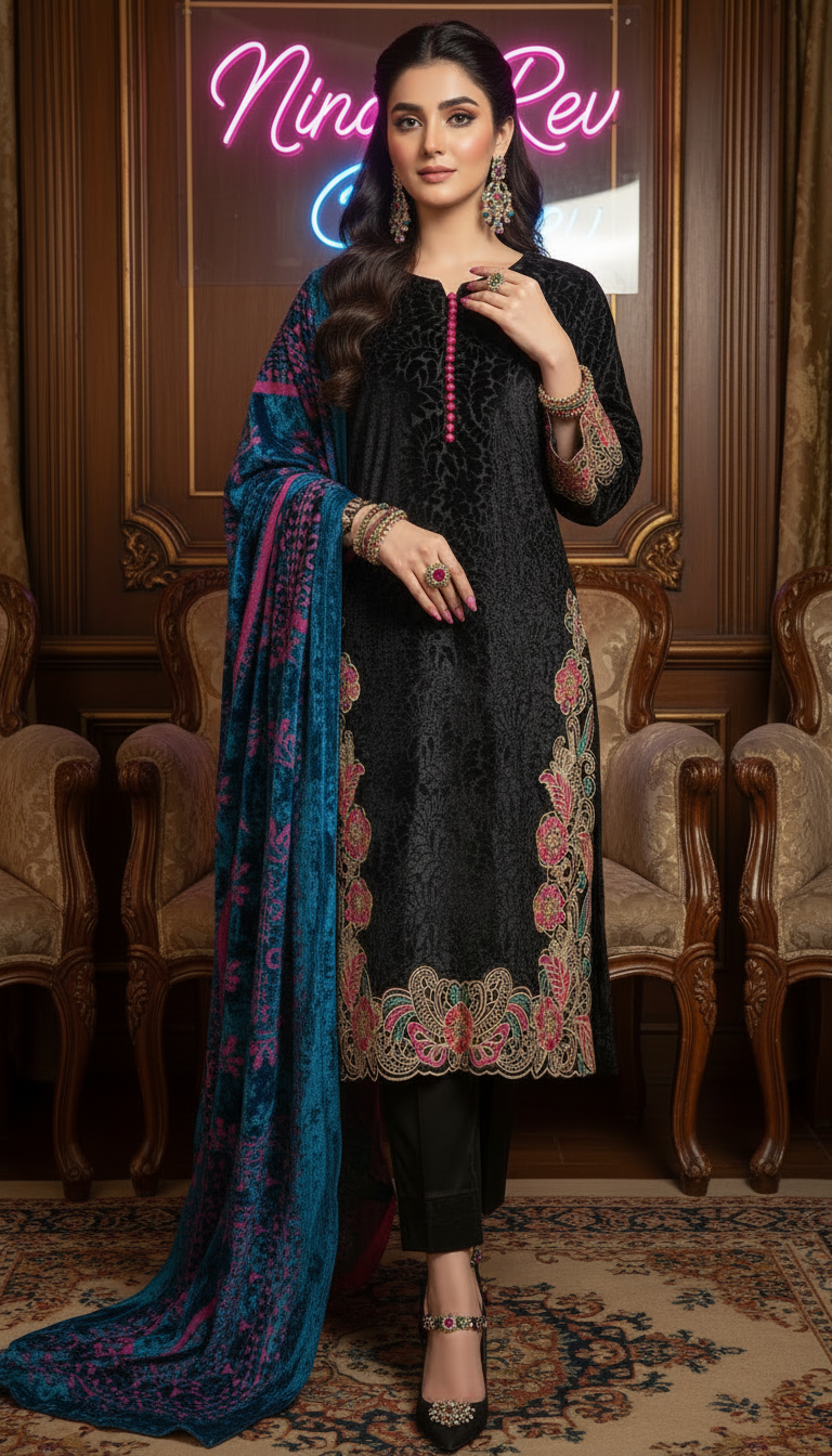 Akbari Black Velvet 3 pcs Embroidered Dress with Shawl