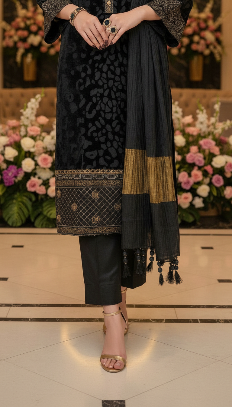 Nida Black Velvet Embroidered 3 Pcs Dress