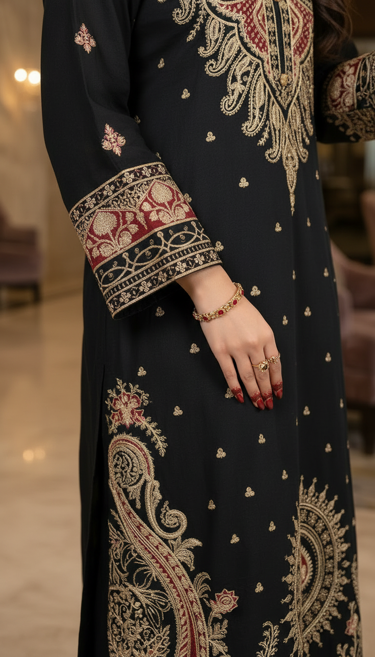 Mahrani Black Ready to Wear 2 Pcs Embroidered Kaftan