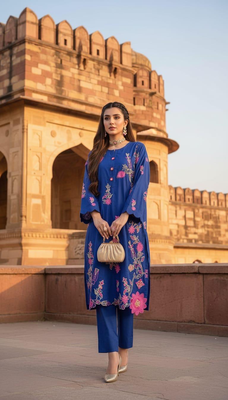 Amber Royal blue Embroidered 2 pcs Kaftan