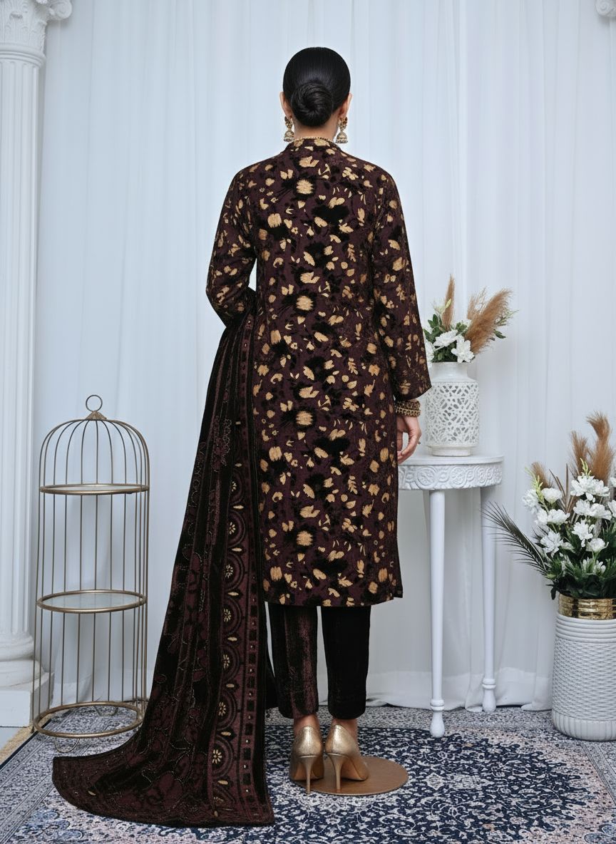 Full Brown Palachi Velvet Dress with Palachi Shawl and Velvet Trouser